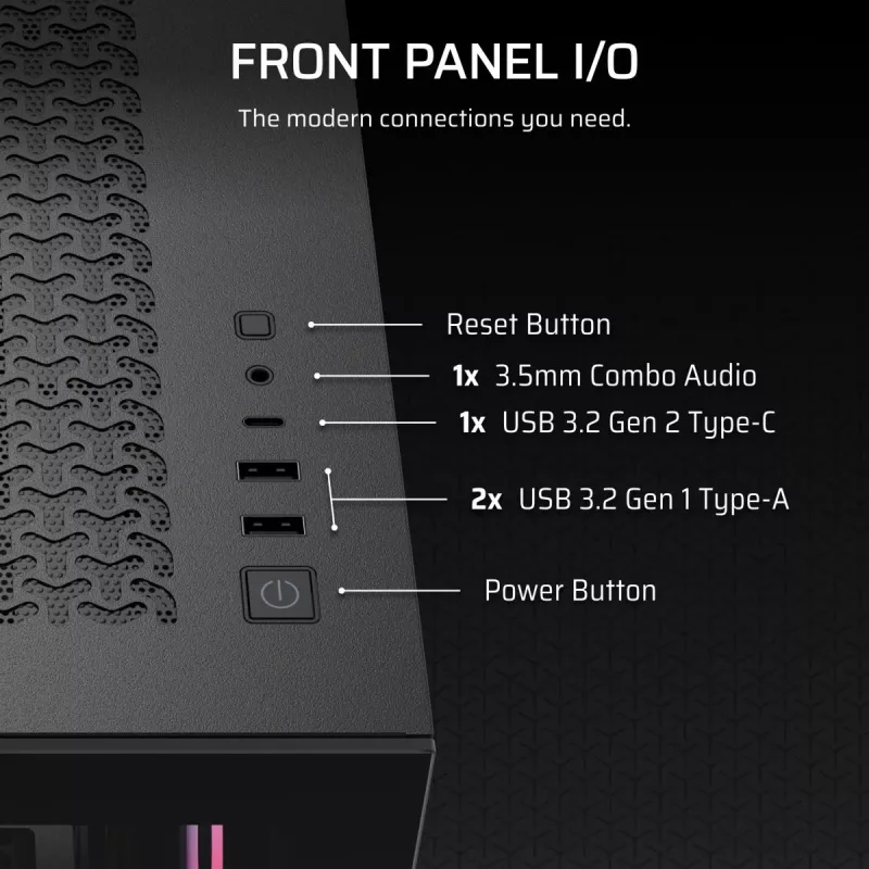 PC Midi Tower korpuss CORSAIR 3500X RS-R ARGB — Melns, rūdīts stikls, atbalsta ATX/EATX/Micro-ITX, 3x120 mm priekšējie ventilatori