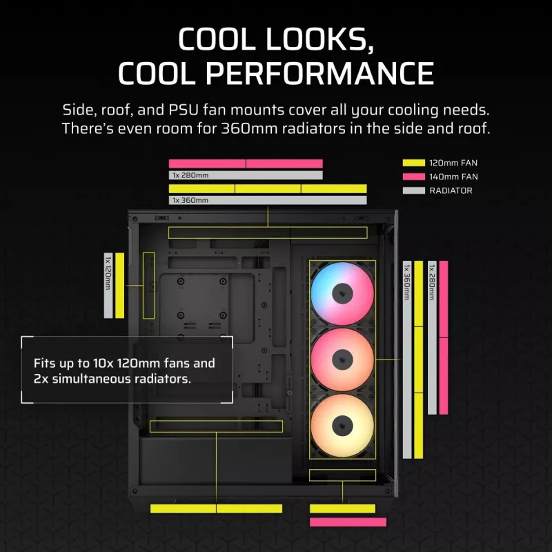 PC Midi Tower korpuss CORSAIR 3500X RS-R ARGB — Melns, rūdīts stikls, atbalsta ATX/EATX/Micro-ITX, 3x120 mm priekšējie ventilatori