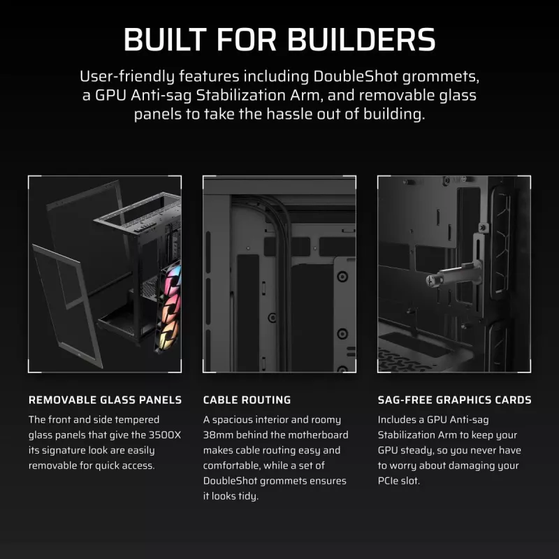 PC Midi Tower korpuss CORSAIR 3500X RS-R ARGB — Melns, rūdīts stikls, atbalsta ATX/EATX/Micro-ITX, 3x120 mm priekšējie ventilatori