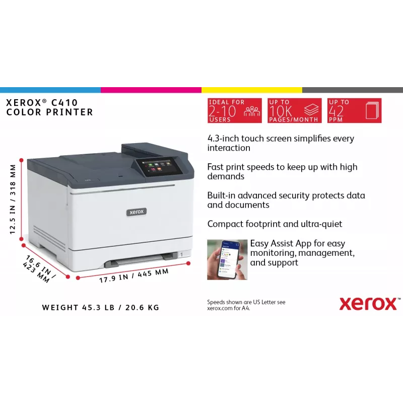 Xerox C410 A4 40ppm Duplex Printer PS3 PCL5e/6 2 Trays 251 Sheets