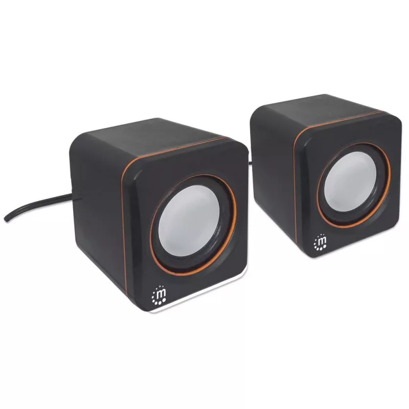 Manhattan 2600 Series Speaker System, Small Size, Big Sound, Two Speakers, Stereo, USB power, Output: 2x 3W, 3.5mm plug for sound, In-Line volume control, kabelis 0.9m, Melns, Three Year Warranty