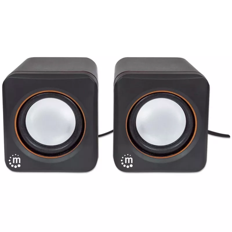 Manhattan 2600 Series Speaker System, Small Size, Big Sound, Two Speakers, Stereo, USB power, Output: 2x 3W, 3.5mm plug for sound, In-Line volume control, kabelis 0.9m, Melns, Three Year Warranty