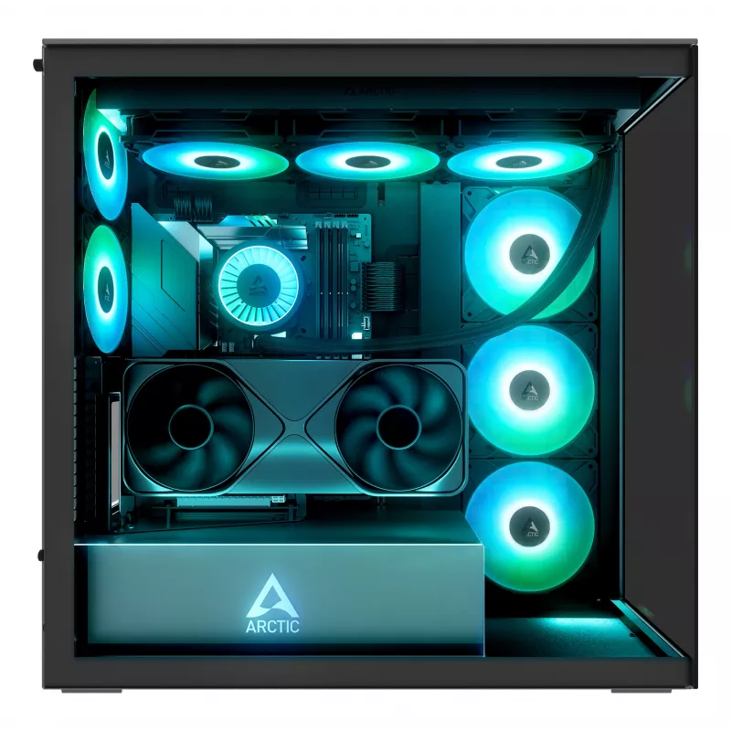 ARCTIC Xtender VG (Mirror Black) Premium E-ATX datora korpuss ar vertikālu GPU montāžu