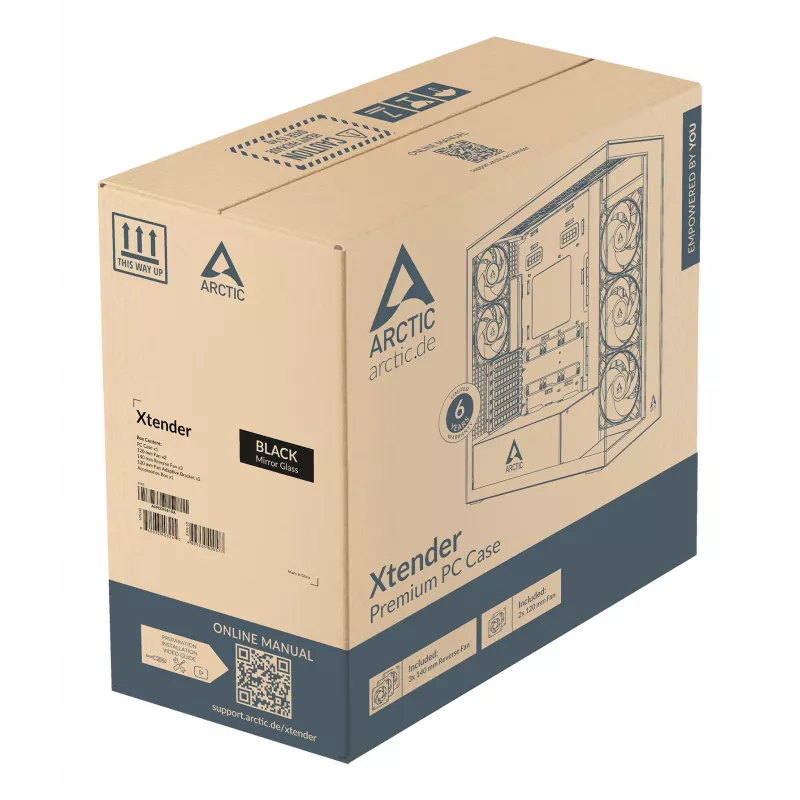 ARCTIC Xtender VG (Mirror Black) Premium E-ATX datora korpuss ar vertikālu GPU montāžu