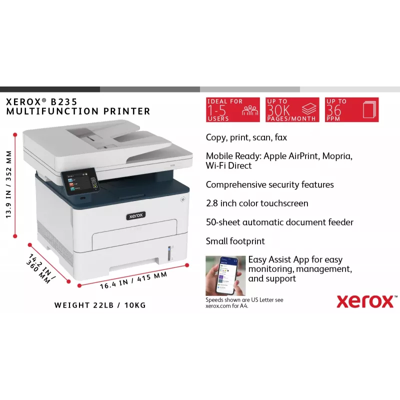 Xerox B235 A4 34ppm Bezvadu Divpusējā Kopēšana/Drukāšana/Skenēšana/Fakss PS3 PCL5e/6 ADF 2 Paplātes Kopā 251 Lapa