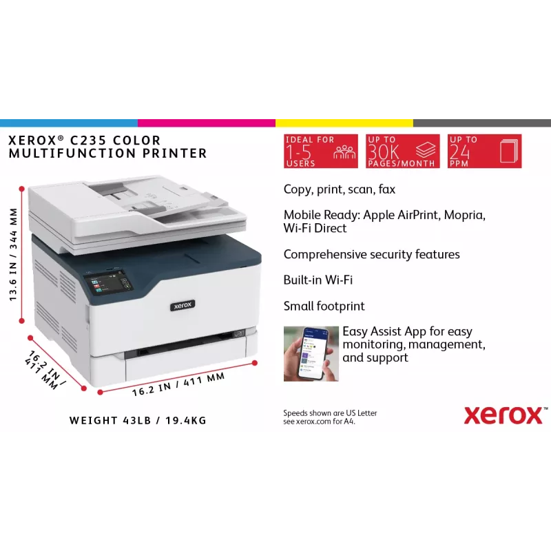 Xerox C235 A4 22ppm bezvadu kopēšana/drukāšana/skenēšana/fakss PS3 PCL5e/6 ADF 2 paplātes, kopā 251 lapa