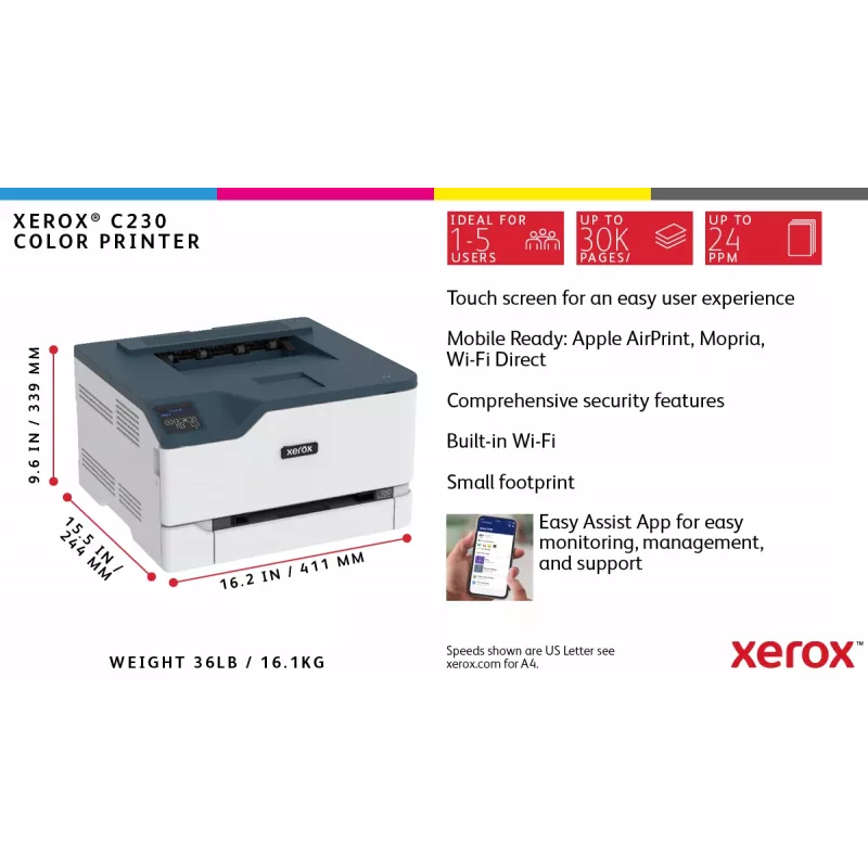 Xerox C230 A4 22ppm Bezvadu Divpusējā Druka Printeris PS3 PCL5e6 2 Paplātes Kopā 251 Lapa