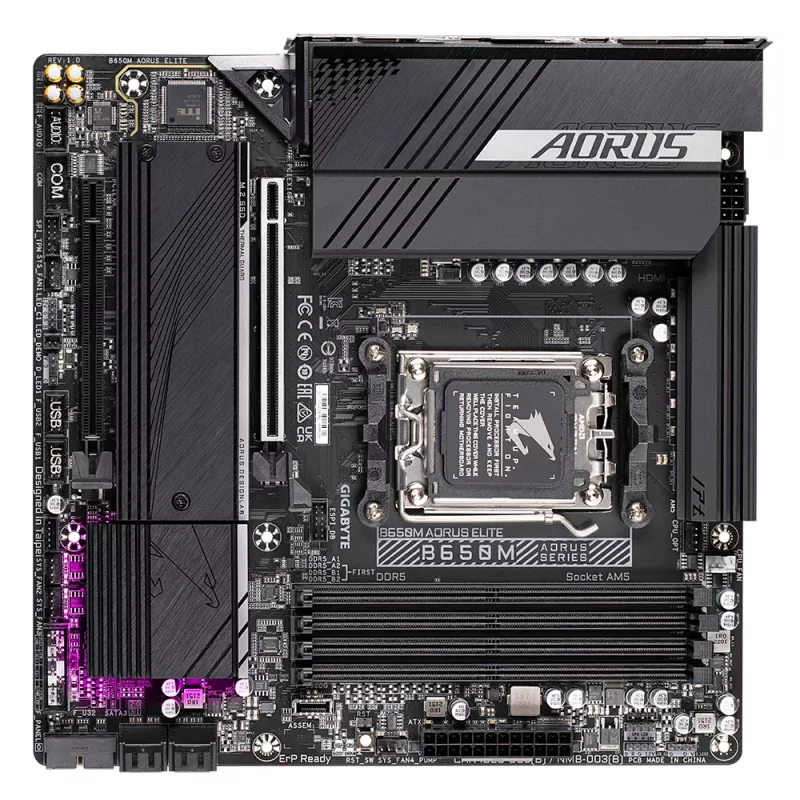 Mātesplate GIGABYTE B650M AORUS ELITE — AMD Ryzen 9000 CPU, 12+2+2 fāžu VRM, līdz 8000MHz DDR5, 1xPCIe 5.0 + 1xPCIe 4.0 M.2, 2.5GbE LAN, USB 3.2 Gen 2x2
