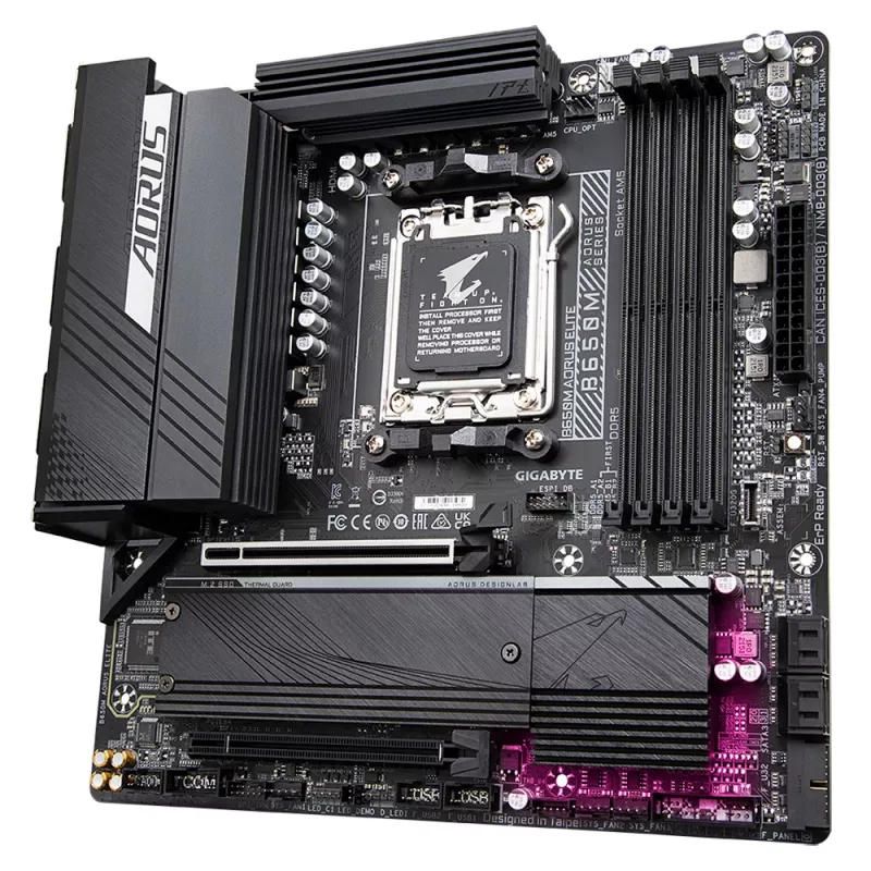 Mātesplate GIGABYTE B650M AORUS ELITE — AMD Ryzen 9000 CPU, 12+2+2 fāžu VRM, līdz 8000MHz DDR5, 1xPCIe 5.0 + 1xPCIe 4.0 M.2, 2.5GbE LAN, USB 3.2 Gen 2x2