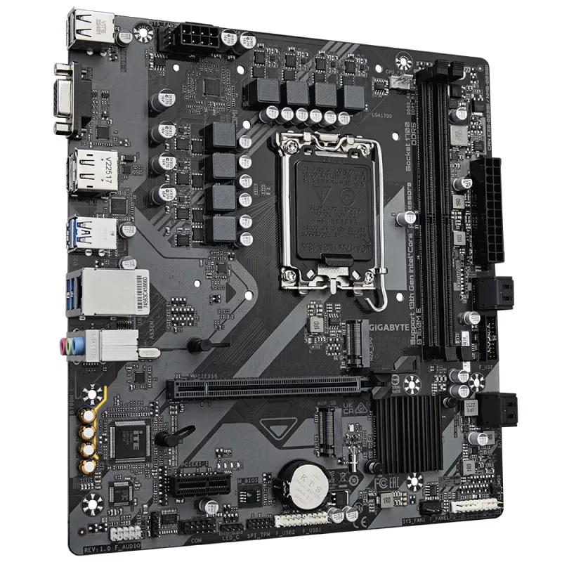 GIGABYTE B760M E mātesplate - atbalsta 14. paaudzes Intel Core procesorus, 6+1+1 fāžu VRM, līdz 7200MHz DDR5 (OC), 2xPCIe 4.0 M.2, 1 GbE LAN, USB 3.2 Gen 1