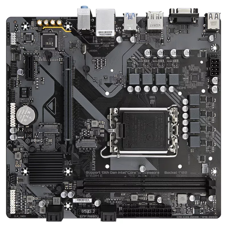 GIGABYTE B760M E mātesplate - atbalsta 14. paaudzes Intel Core procesorus, 6+1+1 fāžu VRM, līdz 7200MHz DDR5 (OC), 2xPCIe 4.0 M.2, 1 GbE LAN, USB 3.2 Gen 1