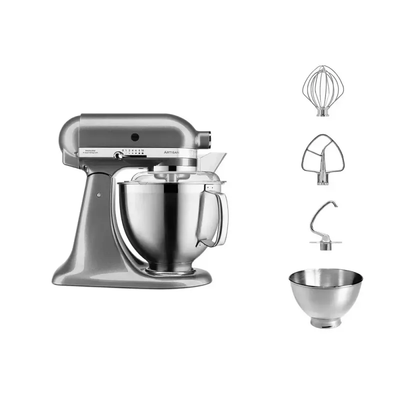 Statīvais mikseris KITCHENAID ARTISAN 5KSM185PS — 300 W, 4,8 L nerūsējošā tērauda bļoda, 10 ātrumi, sudraba krāsā