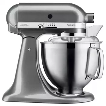 Statīvais mikseris KITCHENAID ARTISAN 5KSM185PS — 300 W, 4,8 L nerūsējošā tērauda bļoda, 10 ātrumi, sudraba krāsā