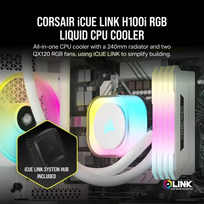 CORSAIR CPU Cooler - Icue Link H100I RGB Aio Liquid Cooler - balta