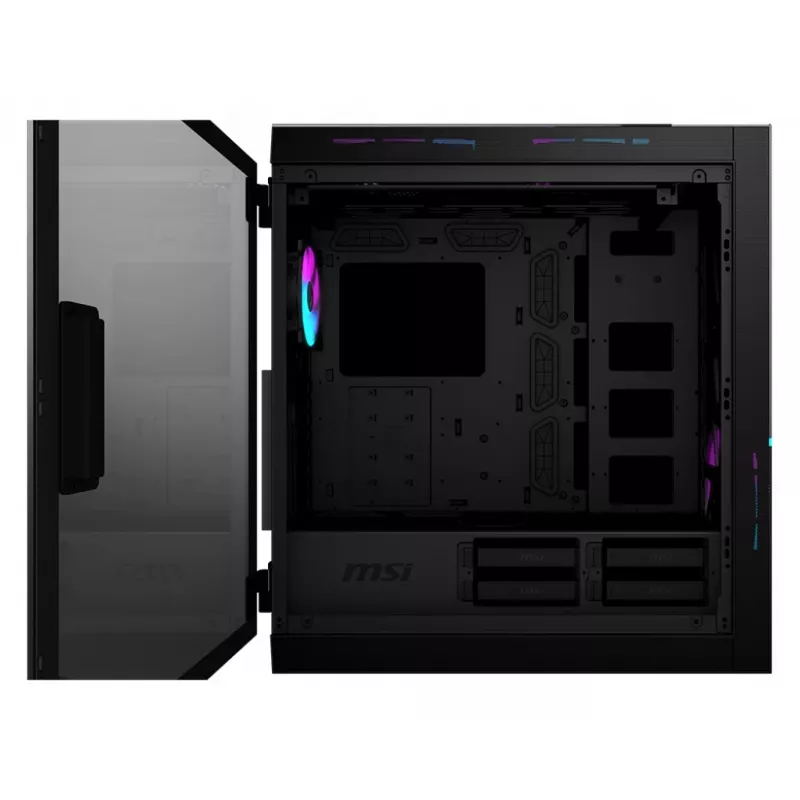 MSI MPG SEKIRA 500X Full Tower Gaming datora korpuss 'Melns, 3x 200mm ARGB + 1x 200mm + 1x120mm ARGB ventilatori, Mystic Light Sync, 8 kanālu ARGB centrmezgls, USB Type-C, rūdīta stikla paneļi, E-ATX, ATX, mATX, mini-ITX'