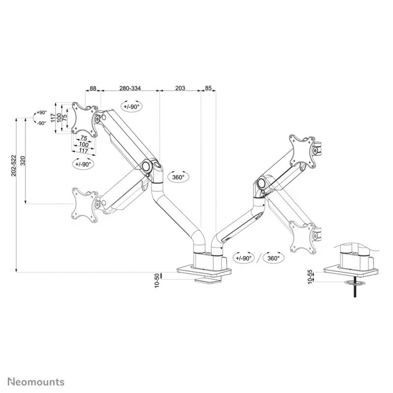 Neomounts DS70S-950BL2 Monitora roka 17-35 collas - gāzes atspere - Topfix - 180°-stop