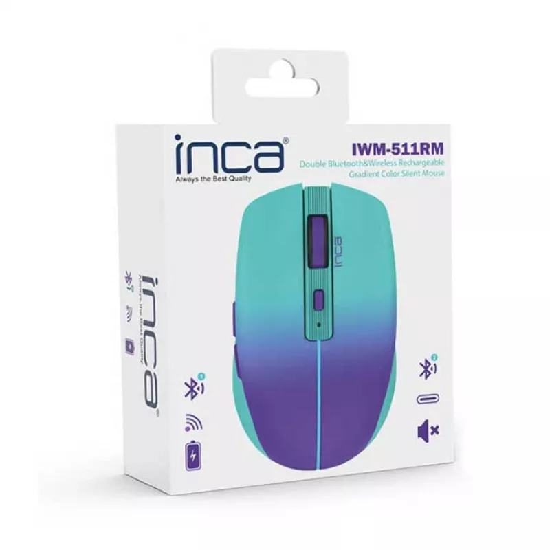 INCA bezvadu pele Iwm-511rm - RF bezvadu + Bluetooth + USB Type-C - 1600dpi - 6pogas - zaļa violeta