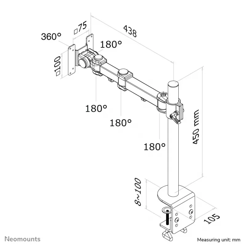 Neomounts FPMA-D960 Monitora roka 10-30 collas, Skava, 10 kg, 25,4 cm (10 collas), 76,2 cm (30 collas), 100 x 100 mm, Melna