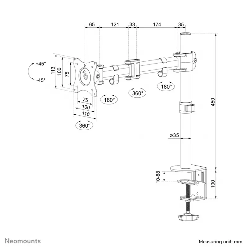 Neomounts NM-D135BLACK Monitora roka 10-27 collas, Skava/Caurums, 8 kg, 25,4 cm (10 collas), 68,6 cm (27 collas), 100 x 100 mm, Melna