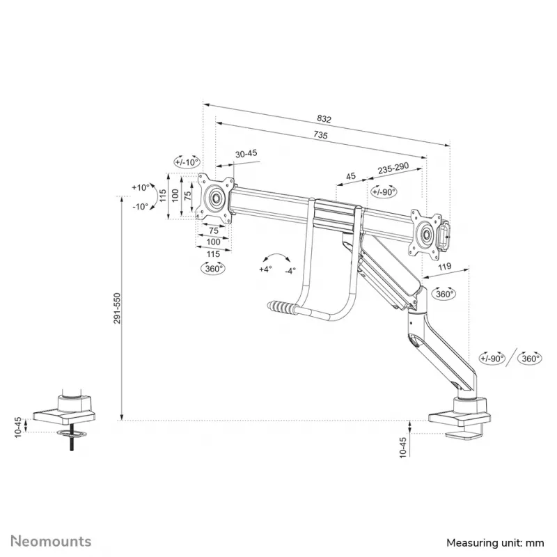 Neomounts DS75-450WH2 Monitora roka 17-32 collas - gāzes atspere - Topfix - 180°-stop