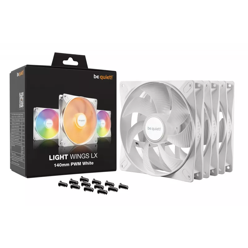 bequiet! LIGHT WINGS LX 140mm PWM 3 komplekts balts — 140×25 mm ventilatori, 1200 RPM, 95 m³/h, RGB gaismas diodes