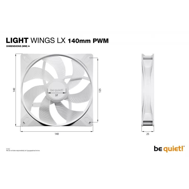 bequiet! LIGHT WINGS LX 140mm PWM 3 komplekts balts — 140×25 mm ventilatori, 1200 RPM, 95 m³/h, RGB gaismas diodes