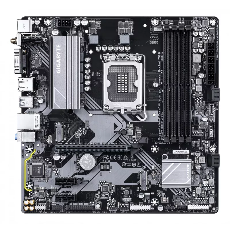 GIGABYTE B760M D3HP WIFI6 mātesplate - atbalsta Intel Core 14. paaudzes CPU, 4+1+1 fāžu digitālais VRM, līdz 5600MHz DDR5, 2xPCIe 4.0 M.2, Wi-Fi 6, GbE LAN, USB 3.2 Gen1