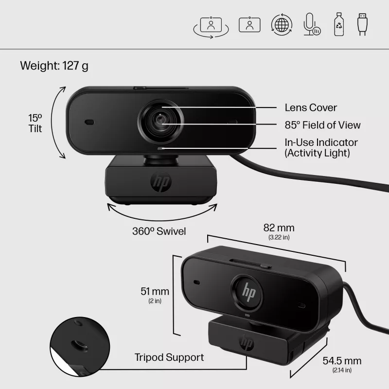 HP 435 FHD tīmekļa kamera, 2 MP, 1920 x 1080 pikseļi, Full HD, 30 fps, UVC 1.1, Auto