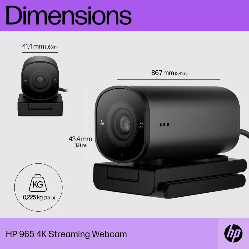 HP 965 4K straumēšanas tīmekļa kamera, 8 MP, 3840 x 2160 pikseļi, Full HD, 60 kadri/s, 1280x720@30kadri/s, 1280x720@60kadri/s, 1920x1080@30kadri/s, 1920x1080@60kadri/s, 3840x2160@30kadri/s, USB