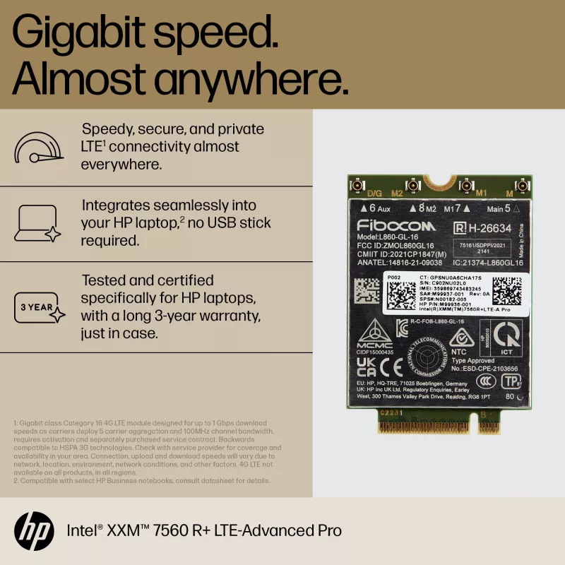 HP XMM 7560 R+ LTE-Advanced Pro WWAN, Ķīna, Biznesa klase, -20 - 65 °C, -40 - 85 °C, Windows 10, Windows 11, 42 mm