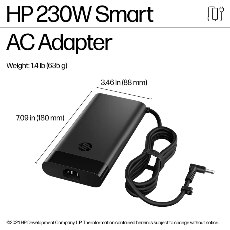 HP 230W Smart AC Adapter, klēpjdators, iekštelpām, 115 V, 47–63 Hz, 230 W, 19,5 V