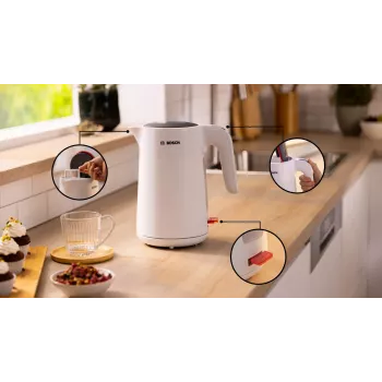 Elektriskā tējkanna Bosch TWK2M161, 1.7 L, 2400 W, balta, plastmasas korpuss, 360° bāze