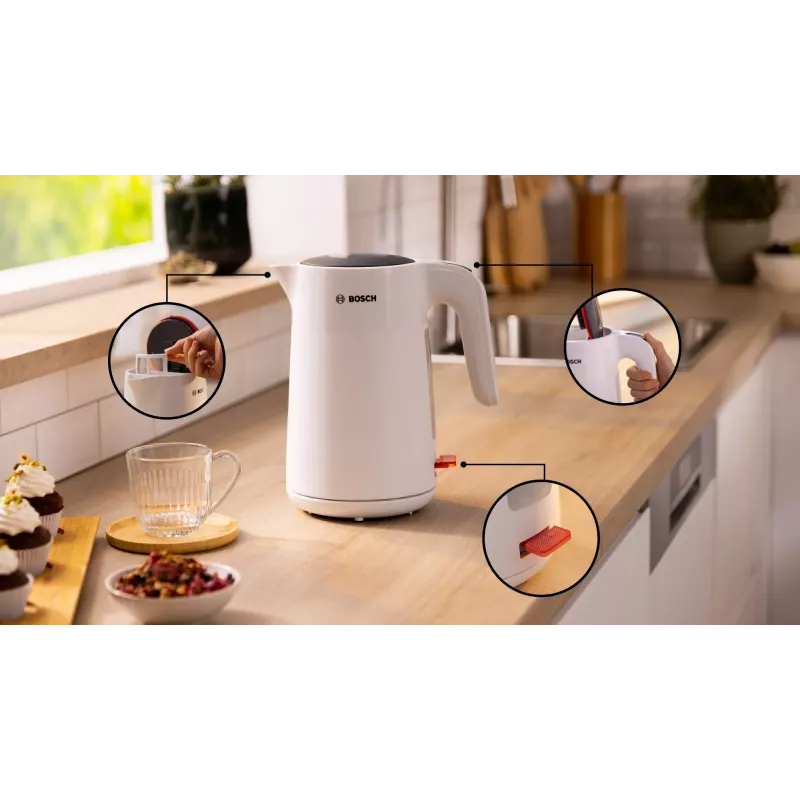 Elektriskā tējkanna Bosch TWK2M161, 1.7 L, 2400 W, balta, plastmasas korpuss, 360° bāze