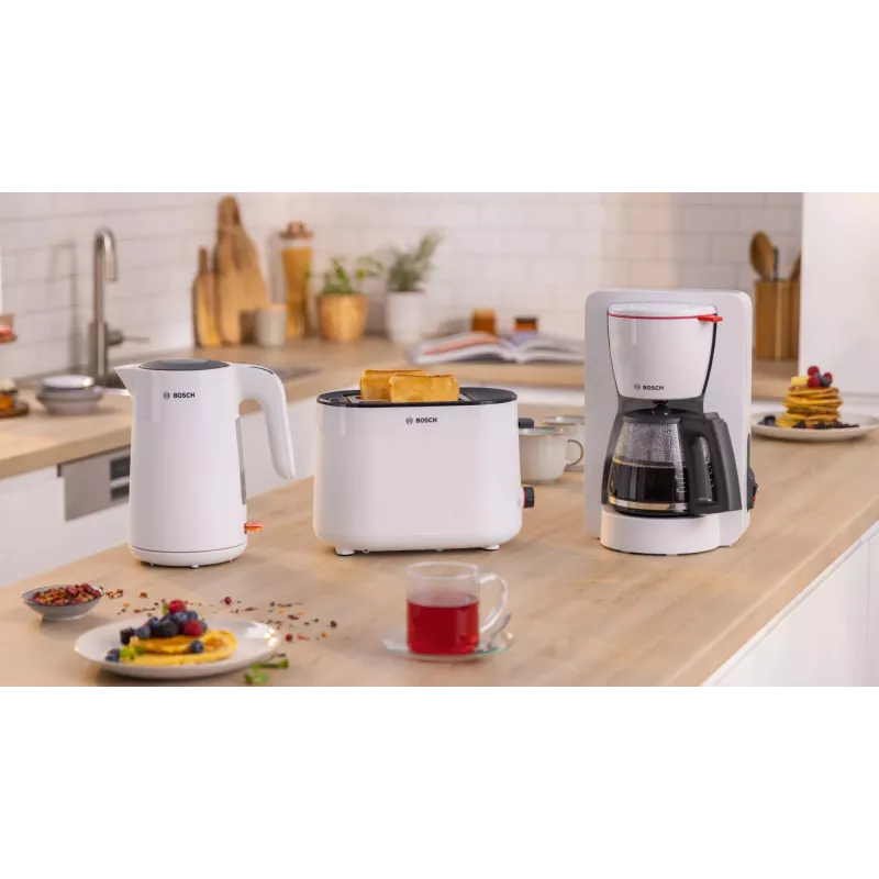Elektriskā tējkanna Bosch TWK2M161, 1.7 L, 2400 W, balta, plastmasas korpuss, 360° bāze