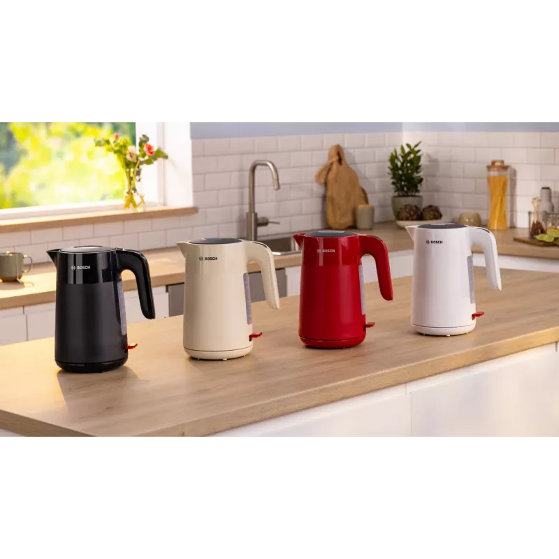 Elektriskā tējkanna Bosch TWK2M161, 1.7 L, 2400 W, balta, plastmasas korpuss, 360° bāze