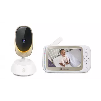 Video kamera Motorola VM85 CONNECT — 5 collu TFT displejs, 480×272, 300 m diapazons, 2× digitālā tālummaiņa, 2,4 GHz Wi‑Fi/FHSS, divvirzienu audio, balta