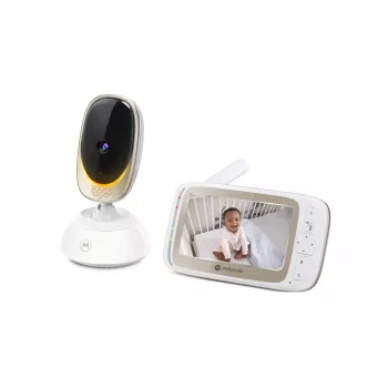 Video kamera Motorola VM85 CONNECT — 5 collu TFT displejs, 480×272, 300 m diapazons, 2× digitālā tālummaiņa, 2,4 GHz Wi‑Fi/FHSS, divvirzienu audio, balta