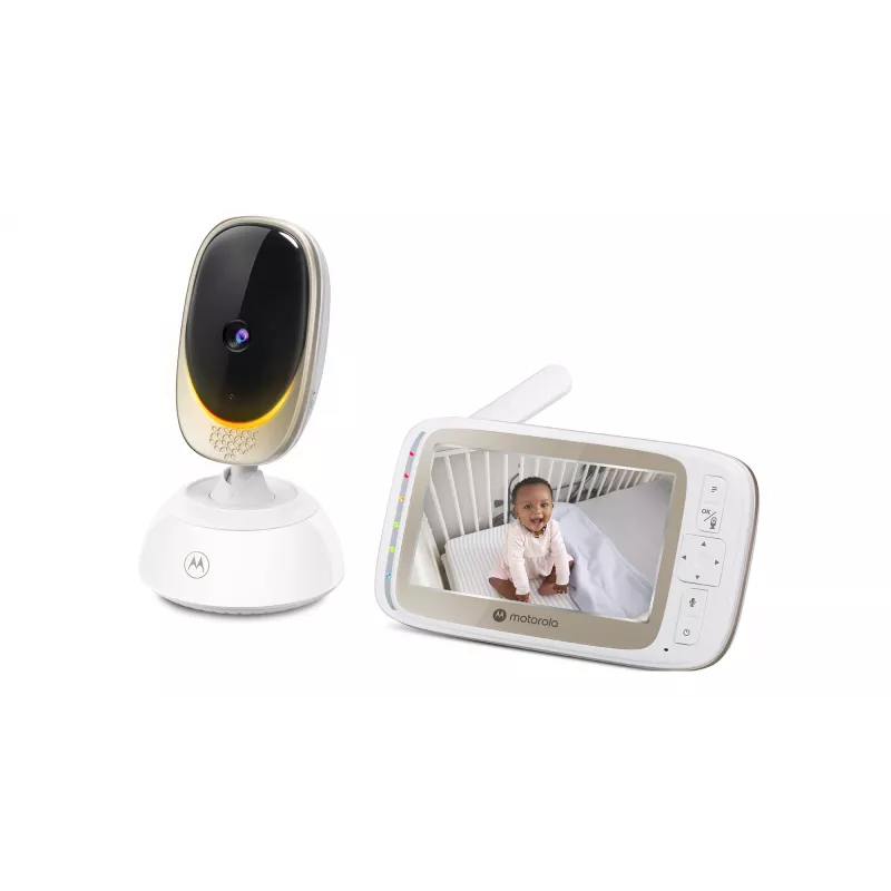 Video kamera Motorola VM85 CONNECT — 5 collu TFT displejs, 480×272, 300 m diapazons, 2× digitālā tālummaiņa, 2,4 GHz Wi‑Fi/FHSS, divvirzienu audio, balta