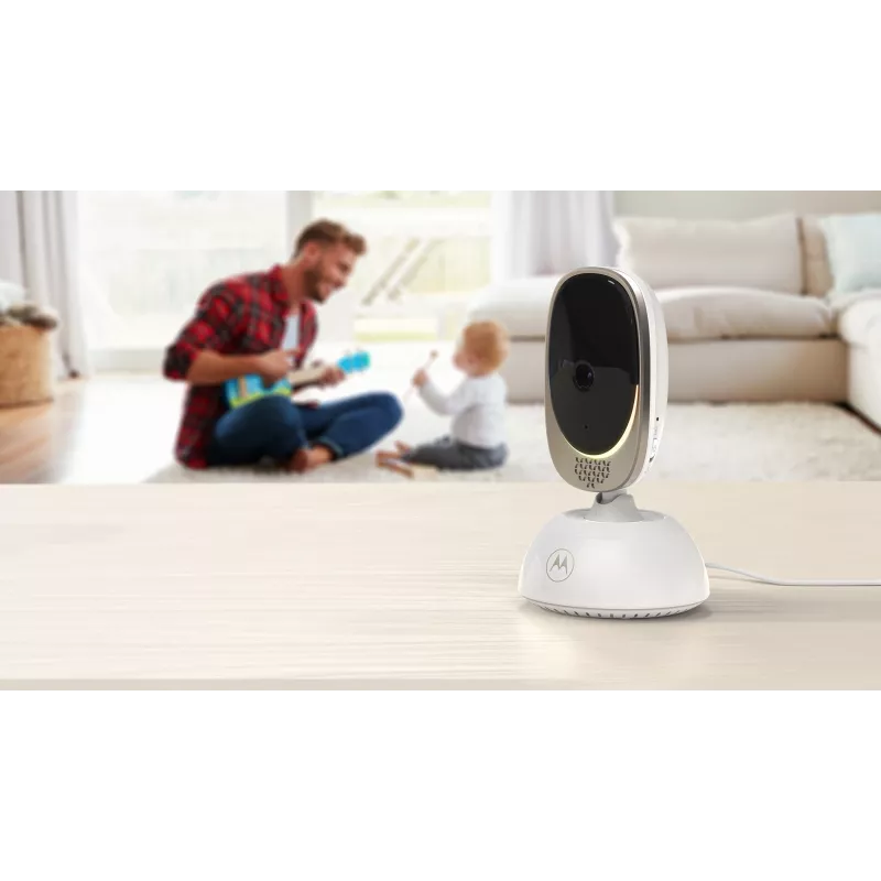 Video kamera Motorola VM85 CONNECT — 5 collu TFT displejs, 480×272, 300 m diapazons, 2× digitālā tālummaiņa, 2,4 GHz Wi‑Fi/FHSS, divvirzienu audio, balta