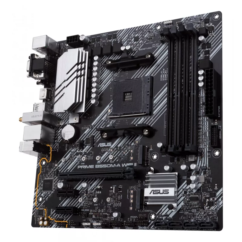 Mātesplate ASUS PRIME B550M-A WIFI II micro ATX — AMD B550, Socket AM4, DDR4, 4 DIMM, Wi‑Fi 6, Bluetooth 5.2, 2x M.2, HDMI 2.1