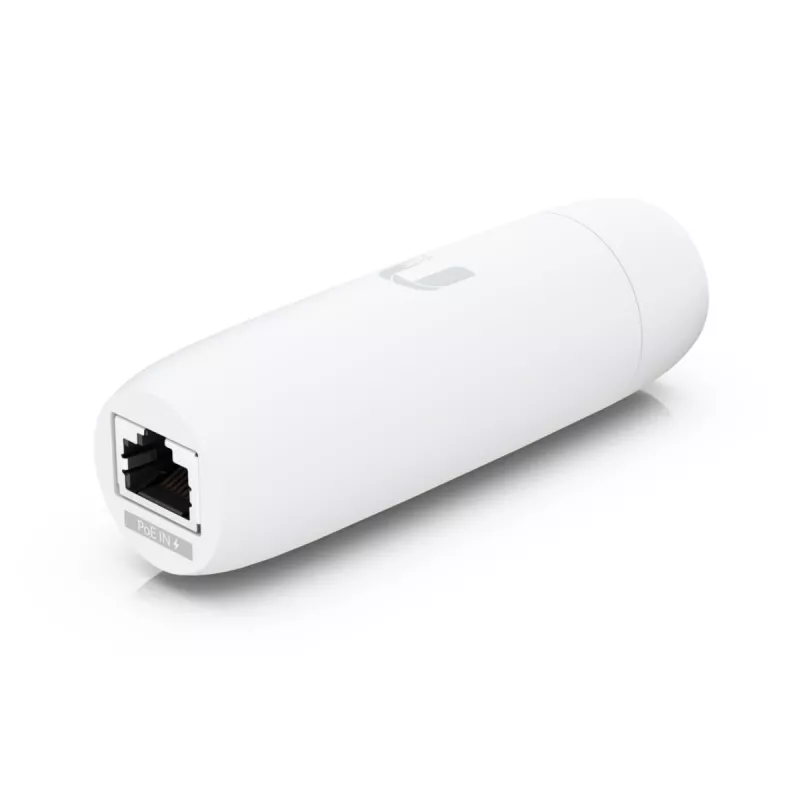 PoE adapteris UBIQUITI UACC-ADAPTER-POE-USBC — 48 V ieeja, 5 V 0,25 A izeja, kompakts 30,4×30,4×95 mm, balts