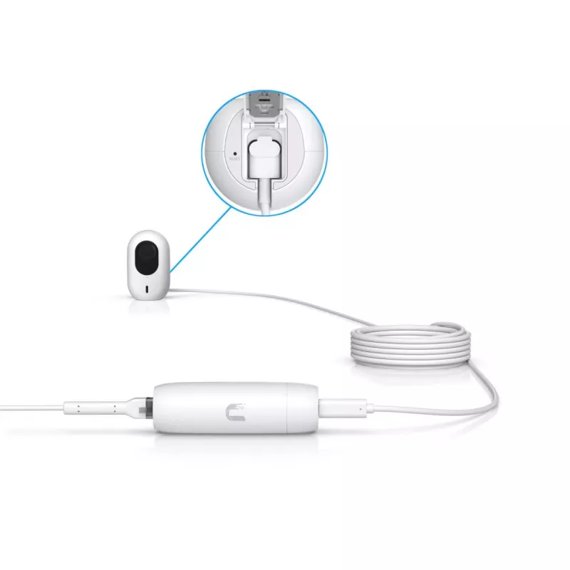 PoE adapteris UBIQUITI UACC-ADAPTER-POE-USBC — 48 V ieeja, 5 V 0,25 A izeja, kompakts 30,4×30,4×95 mm, balts