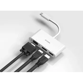 D-Link 3-in-1 USB-C to HDMI/VGA/DisplayPort Adapter, Wired, USB 3.2 Gen 1 (3.1 Gen 1) Type-C, balta, CE, FCC, IC, RCM, DC, 0.04 A