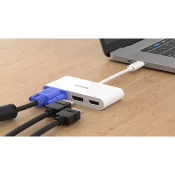 D-Link 3-in-1 USB-C to HDMI/VGA/DisplayPort Adapter, Wired, USB 3.2 Gen 1 (3.1 Gen 1) Type-C, balta, CE, FCC, IC, RCM, DC, 0.04 A