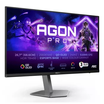 AOC AGON PRO AG276QZD2 datora monitors 67,3 cm (26,5 collas) 2560 x 1440 pikseļi Quad HD QD-OLED Melns, Pelēks