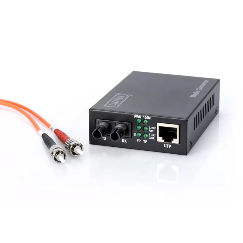 DIGITUS Multivides pārveidotājs, Daudzrežīmu 10/100Base-TX uz 100Base-FX, Ietver barošanas bloku ST savienotājs, Līdz 2 km