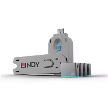 Lindy USB Port Blocker - Iepakojumā 4, Krāsu kods: Zils, Pieslēgvietu bloķētājs + atslēga, USB Type-A, Zils, Akrilnitrila butadiēna stirols (ABS), 5 gab., Polietilēna maisiņš