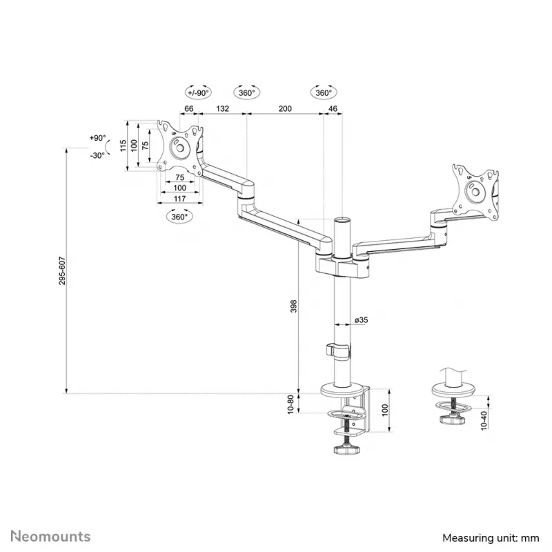 Monitora roka Neomounts DS60-425BL2 17-27 collas - vietu taupoša