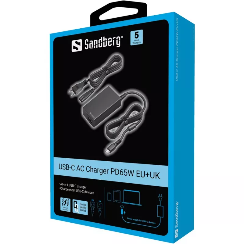 Sandberg USB-C maiņstrāvas lādētājs PD65W EU+UK, Universāls, Iekštelpu, 230 V, 65 W, AC-to-DC, Melns