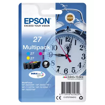 Epson Alarm clock Multipack 3-krāsu 27 DURABrite Ultra tinte, standarta ražība, ciāna, fuksīna, dzeltena, pigmenta tinte, 3,6 ml, 1 gab., vairāku iepakojums